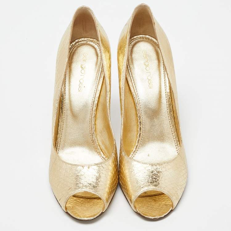Pre Owned Sergio Rossi Gold Watersnake Leather Peep Toe Pumps Size 39