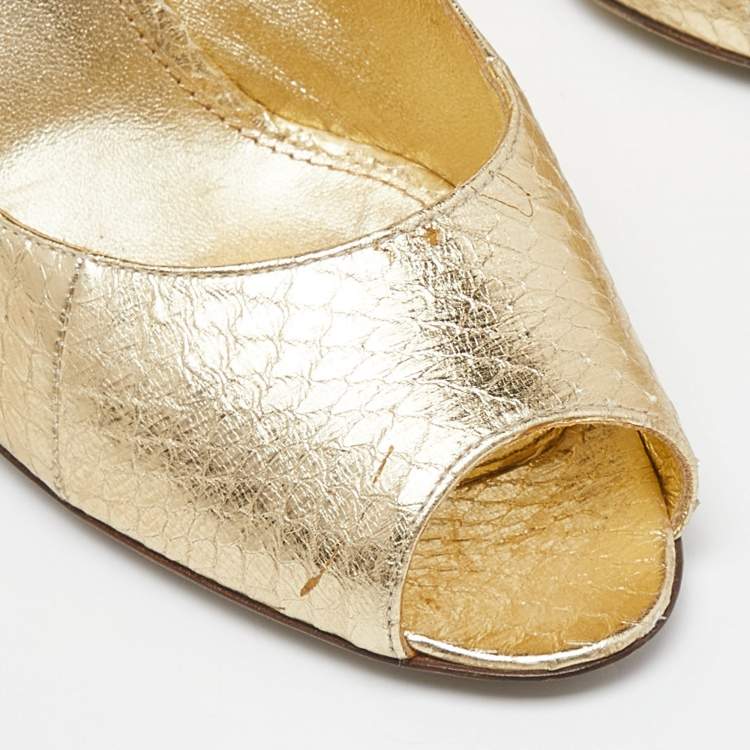 Pre Owned Sergio Rossi Gold Watersnake Leather Peep Toe Pumps Size 39