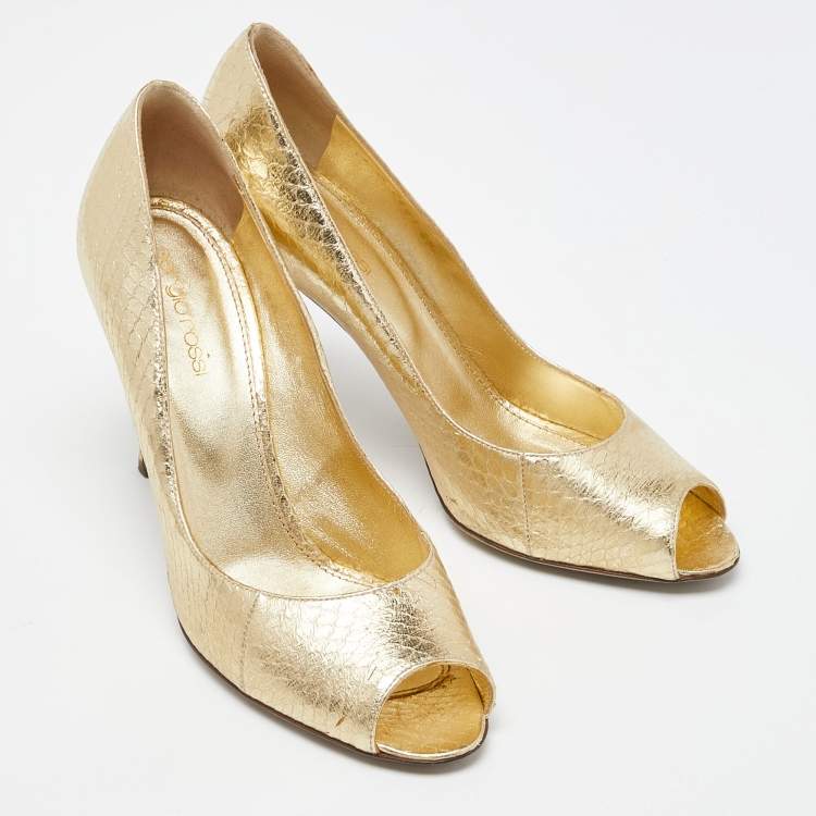 Pre Owned Sergio Rossi Gold Watersnake Leather Peep Toe Pumps Size 39