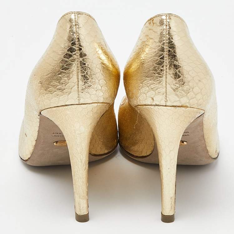 Pre Owned Sergio Rossi Gold Watersnake Leather Peep Toe Pumps Size 39