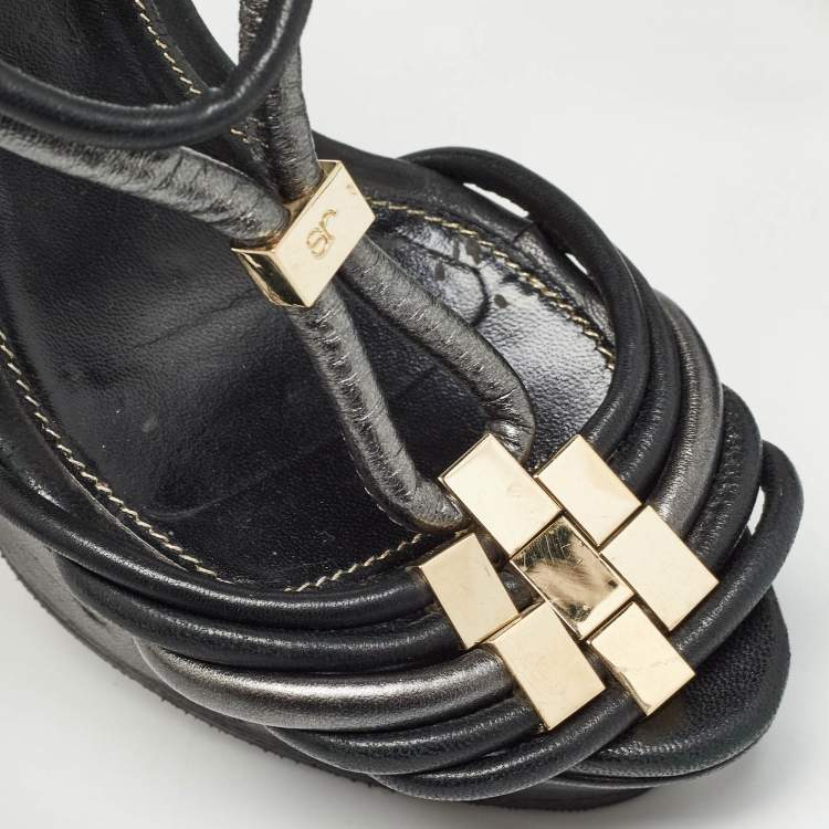 Pre Owned Sergio Rossi Black/Metallic Grey Leather Strappy Platform Sandals Size 36