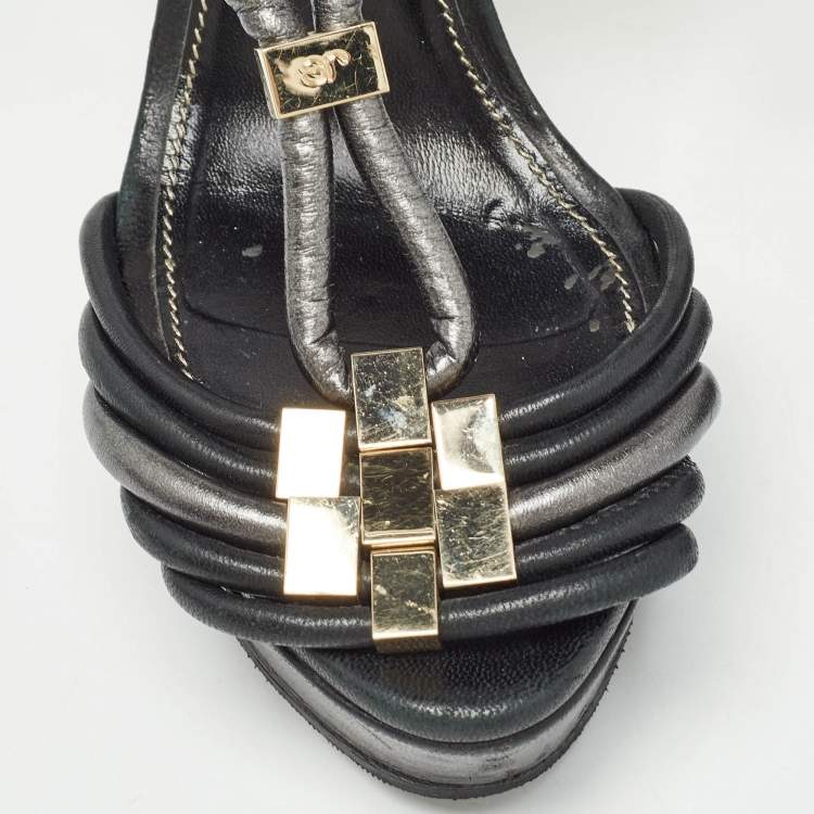 Pre Owned Sergio Rossi Black/Metallic Grey Leather Strappy Platform Sandals Size 36