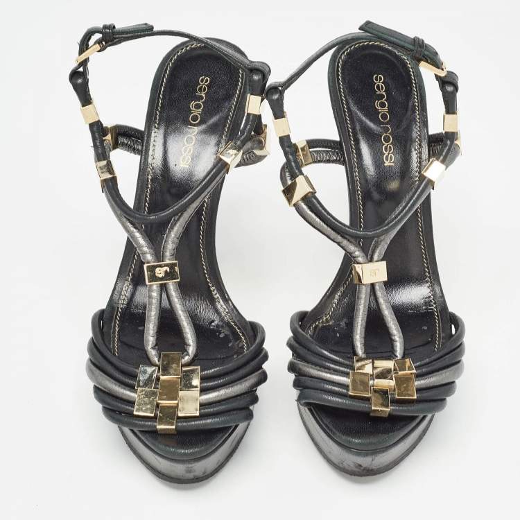 Pre Owned Sergio Rossi Black/Metallic Grey Leather Strappy Platform Sandals Size 36