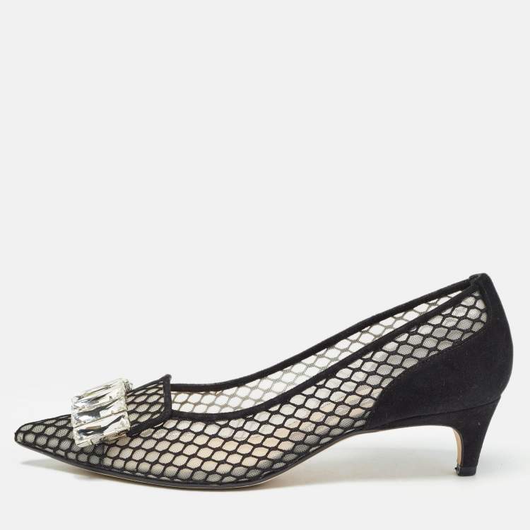 Pre Owned Sergio Rossi Black Suede and Mesh Crystals Pumps Size 37