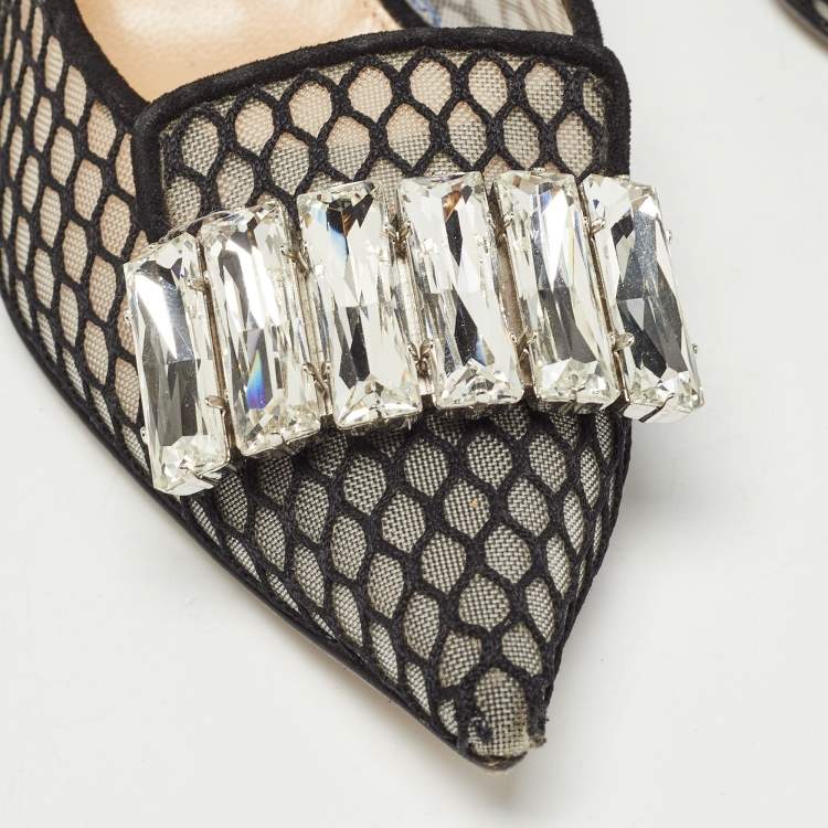 Pre Owned Sergio Rossi Black Suede and Mesh Crystals Pumps Size 37
