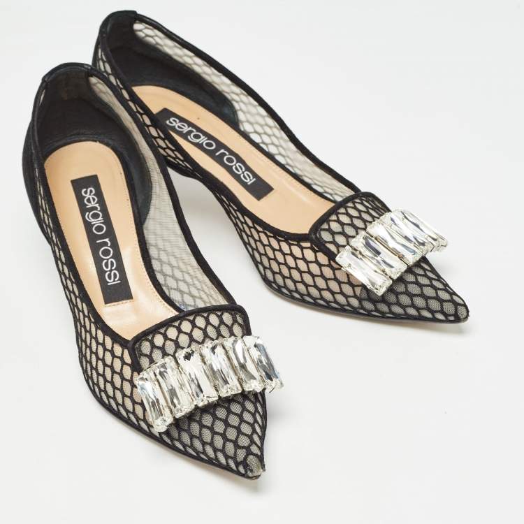 Pre Owned Sergio Rossi Black Suede and Mesh Crystals Pumps Size 37