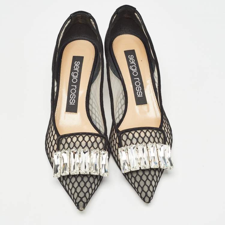 Pre Owned Sergio Rossi Black Suede and Mesh Crystals Pumps Size 37