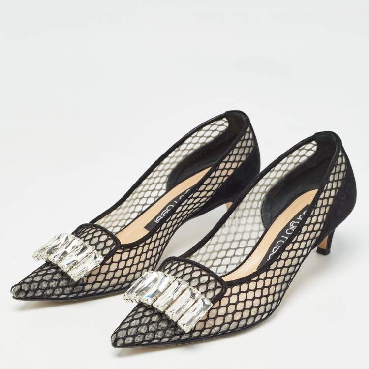 Pre Owned Sergio Rossi Black Suede and Mesh Crystals Pumps Size 37