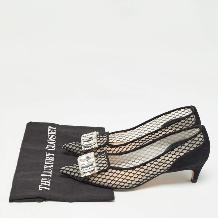 Pre Owned Sergio Rossi Black Suede and Mesh Crystals Pumps Size 37