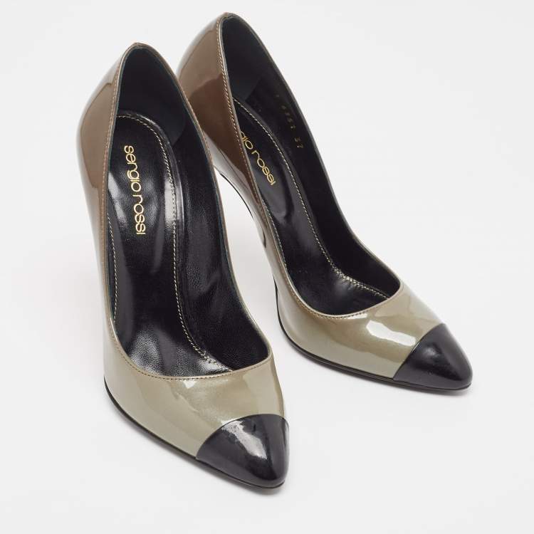 Pre Owned Sergio Rossi Grey/Black Patent Leather Cap Toe Pumps Sie 37