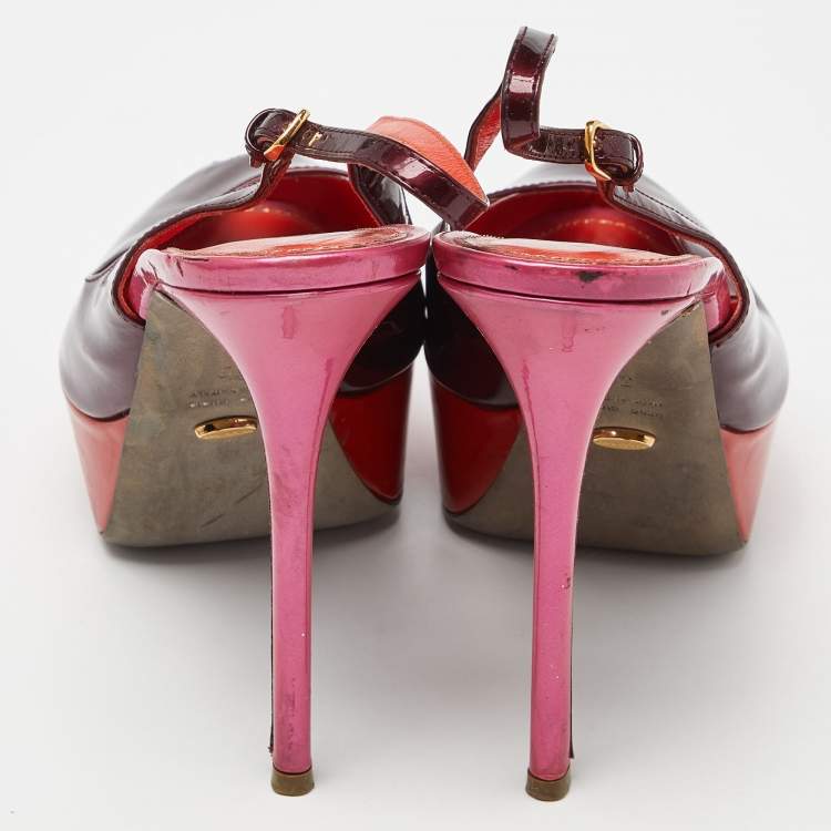 Pre Owned Sergio Rossi Burgundy/Red Patent Leather Cachet Slingback Pumps Size 39