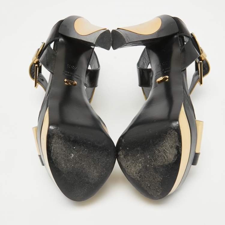 Pre Owned Sergio Rossi Black/Gold Leather Platform Ankle Strap Sandals Size 35.5