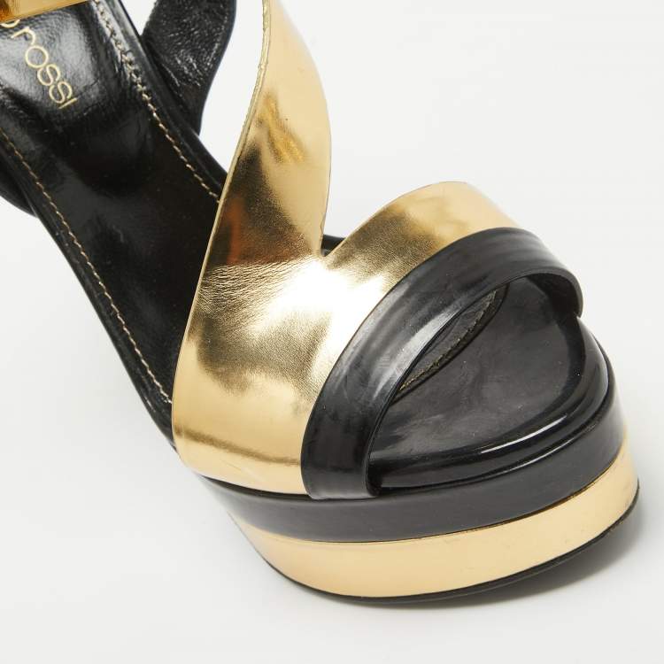 Pre Owned Sergio Rossi Black/Gold Leather Platform Ankle Strap Sandals Size 35.5
