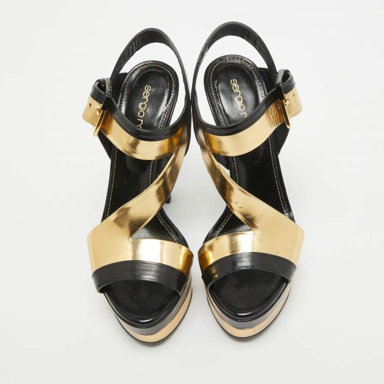 Pre Owned Sergio Rossi Black/Gold Leather Platform Ankle Strap Sandals Size 35.5