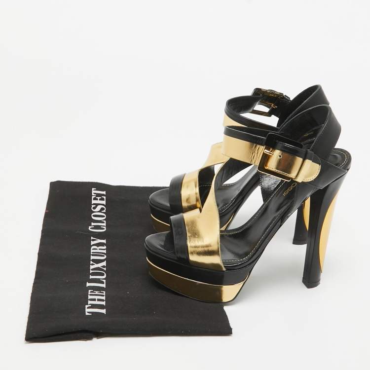 Pre Owned Sergio Rossi Black/Gold Leather Platform Ankle Strap Sandals Size 35.5