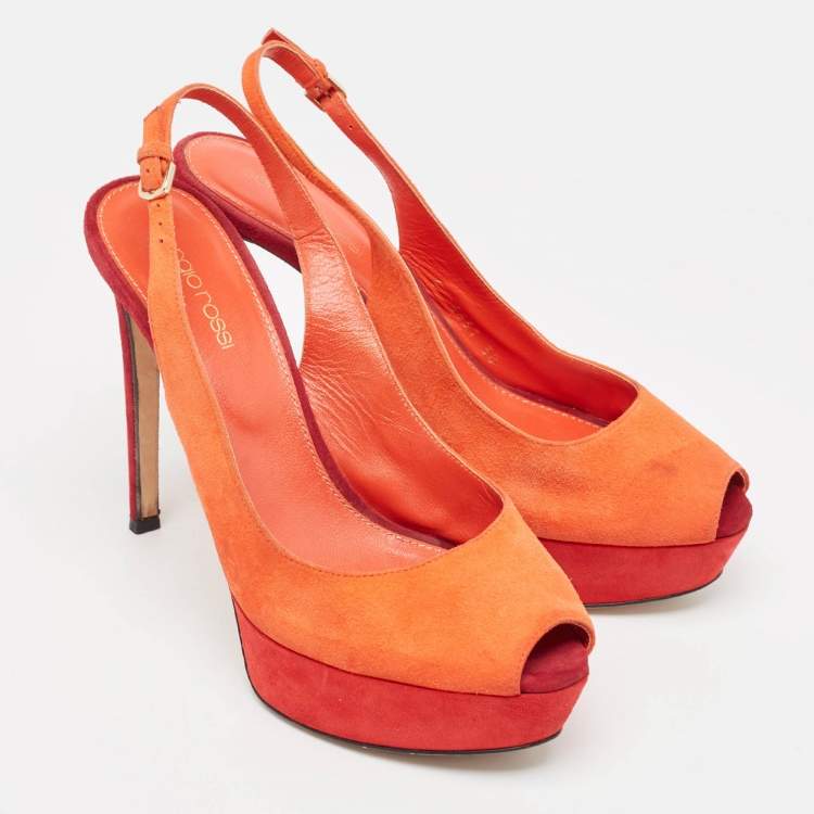Pre Owned Sergio Rossi Orange Suede Peep Toe Platform Slingback Pumps Size 38
