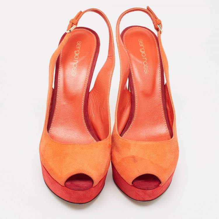 Pre Owned Sergio Rossi Orange Suede Peep Toe Platform Slingback Pumps Size 38