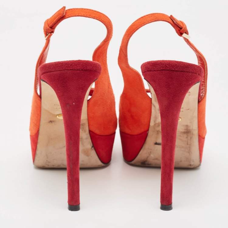 Pre Owned Sergio Rossi Orange Suede Peep Toe Platform Slingback Pumps Size 38