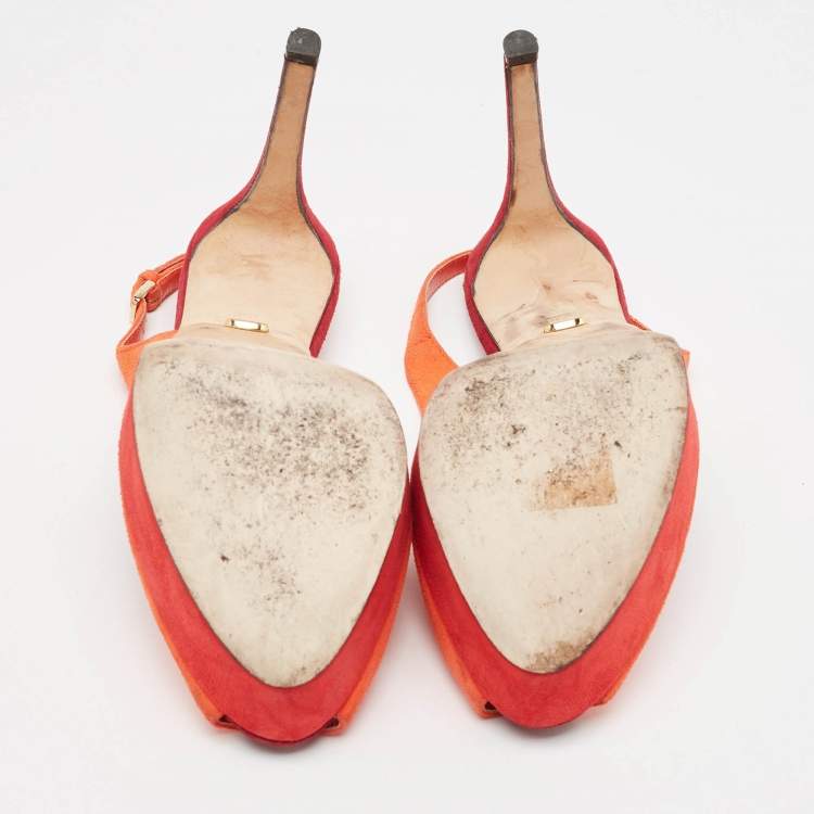 Pre Owned Sergio Rossi Orange Suede Peep Toe Platform Slingback Pumps Size 38