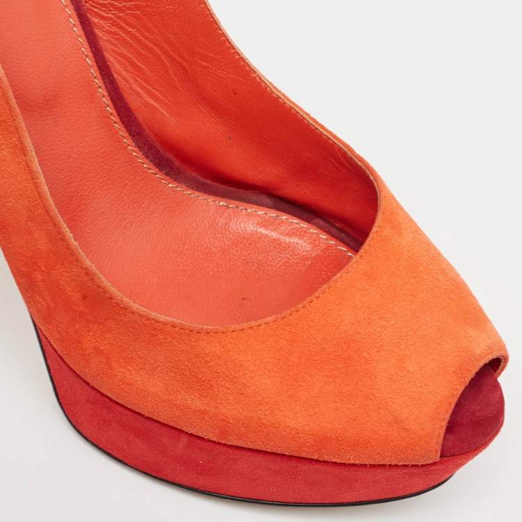 Pre Owned Sergio Rossi Orange Suede Peep Toe Platform Slingback Pumps Size 38