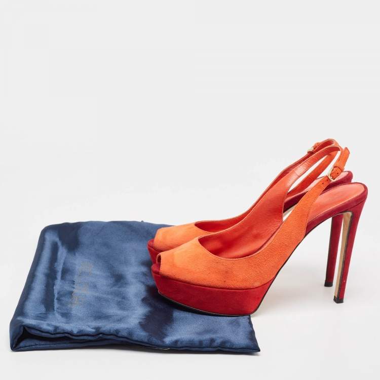 Pre Owned Sergio Rossi Orange Suede Peep Toe Platform Slingback Pumps Size 38