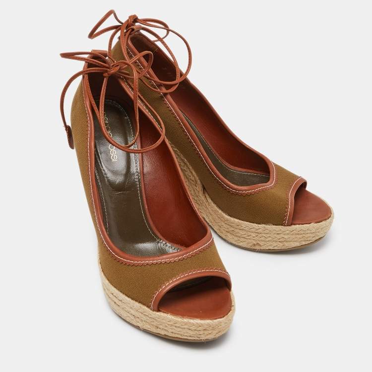 Pre Owned Sergio Rossi Brown Canvas Espadrille Wedge Ankle Tie Sandals Size 39