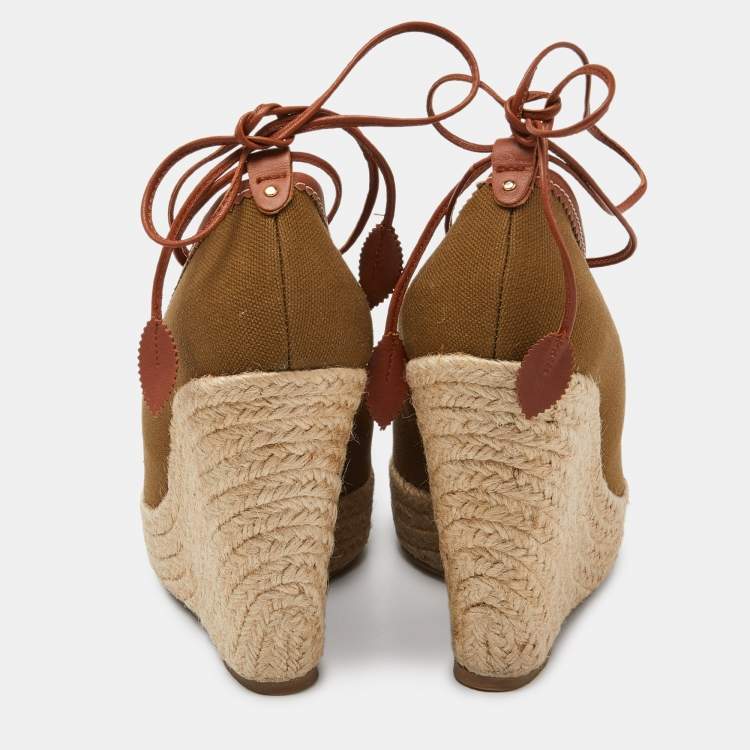 Pre Owned Sergio Rossi Brown Canvas Espadrille Wedge Ankle Tie Sandals Size 39