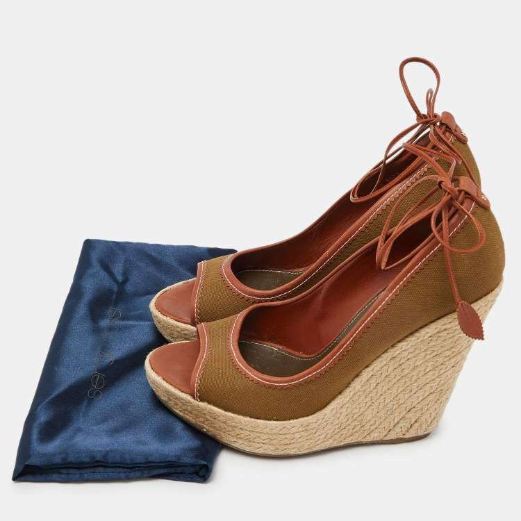 Pre Owned Sergio Rossi Brown Canvas Espadrille Wedge Ankle Tie Sandals Size 39
