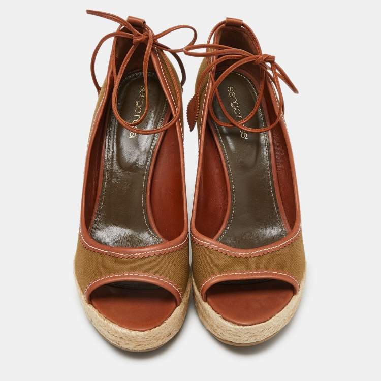 Pre Owned Sergio Rossi Brown Canvas Espadrille Wedge Ankle Tie Sandals Size 39