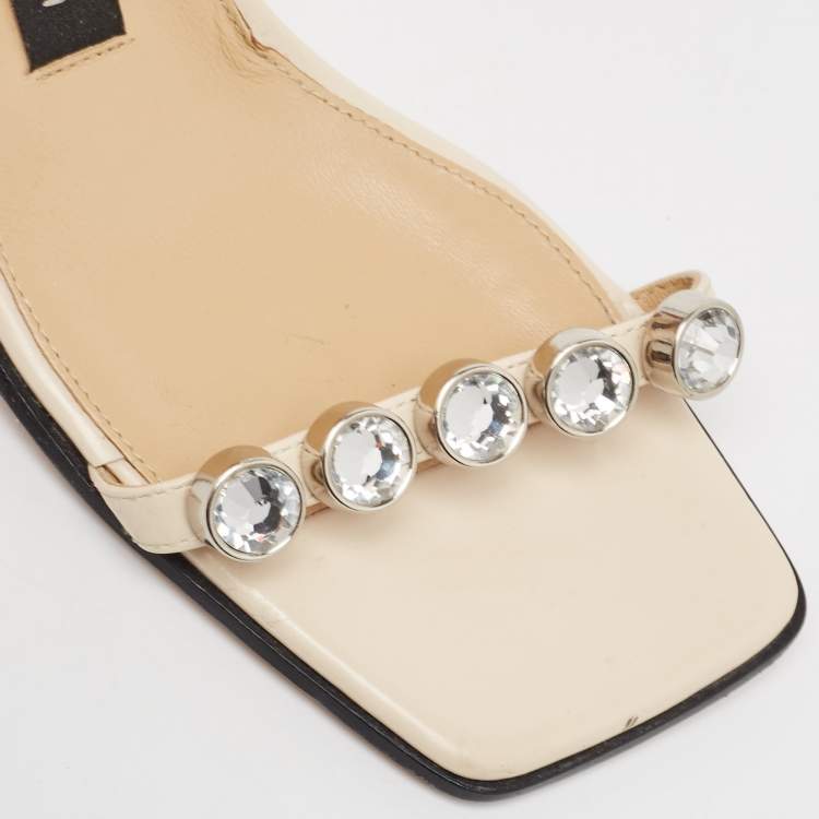 Pre Owned Sergio Rossi Cream Leather Crystal Embellished Ankle Strap Sandals Size 36