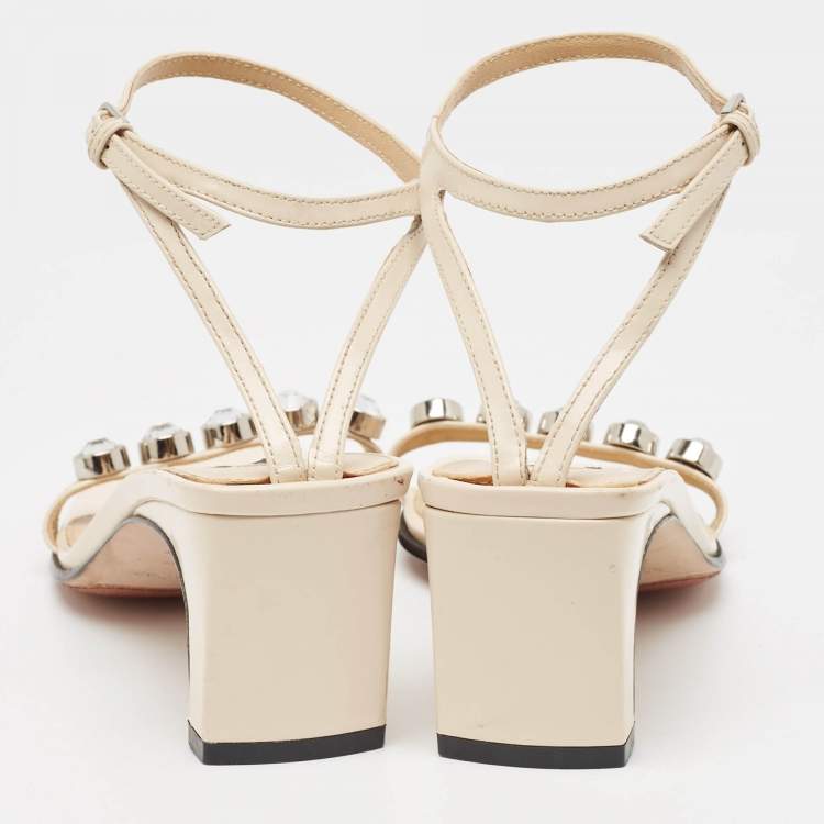 Pre Owned Sergio Rossi Cream Leather Crystal Embellished Ankle Strap Sandals Size 36