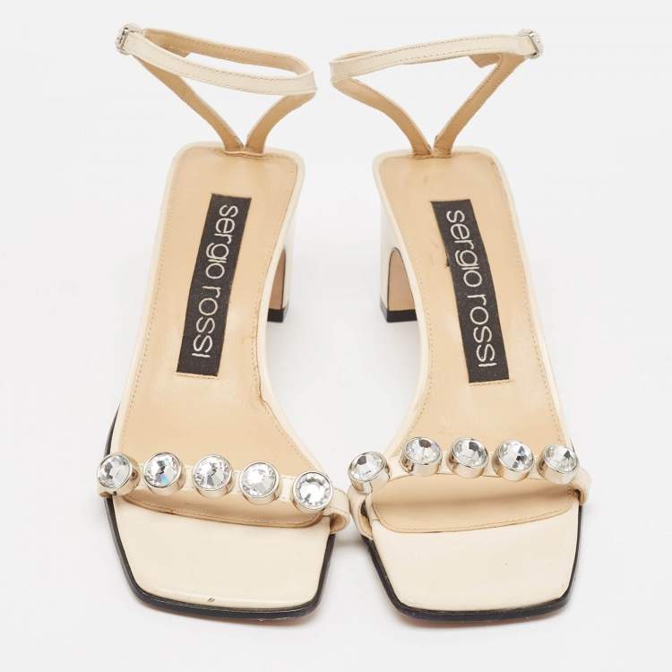 Pre Owned Sergio Rossi Cream Leather Crystal Embellished Ankle Strap Sandals Size 36