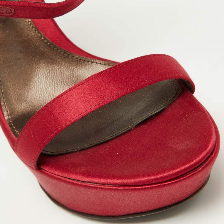 Pre Owned Sergio Rossi Red Satin Ankle Strap Sandals Size 34.5