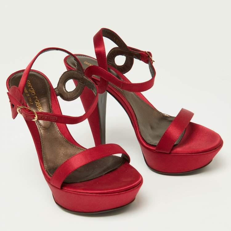 Pre Owned Sergio Rossi Red Satin Ankle Strap Sandals Size 34.5