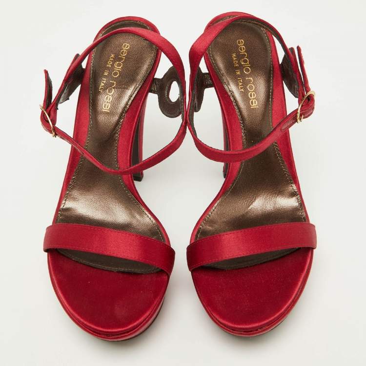 Pre Owned Sergio Rossi Red Satin Ankle Strap Sandals Size 34.5