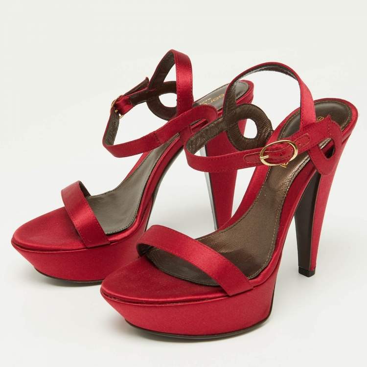 Pre Owned Sergio Rossi Red Satin Ankle Strap Sandals Size 34.5