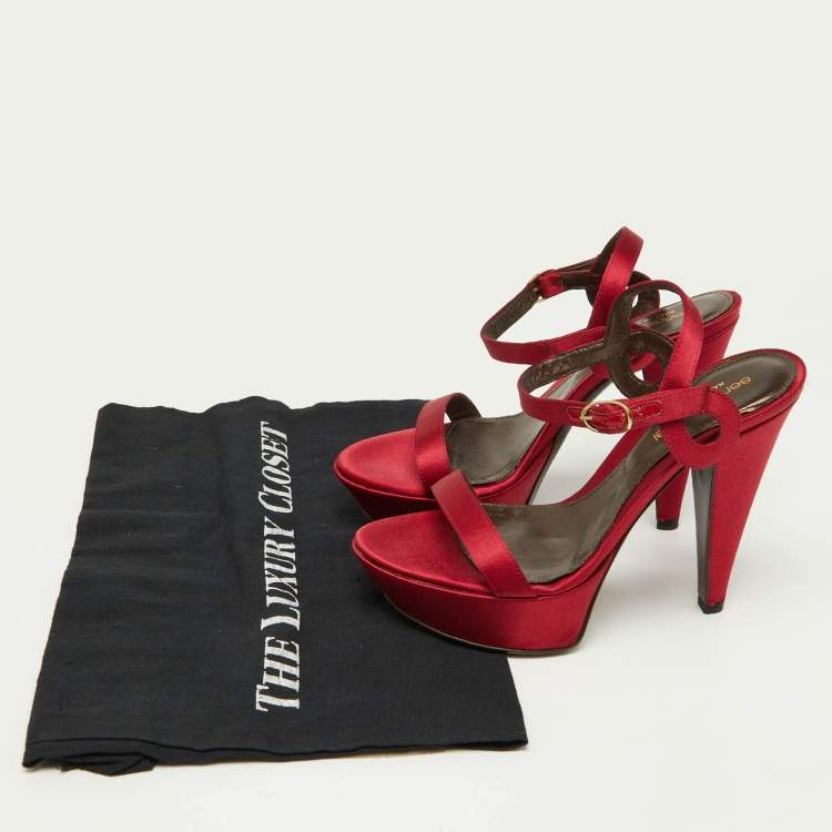 Pre Owned Sergio Rossi Red Satin Ankle Strap Sandals Size 34.5
