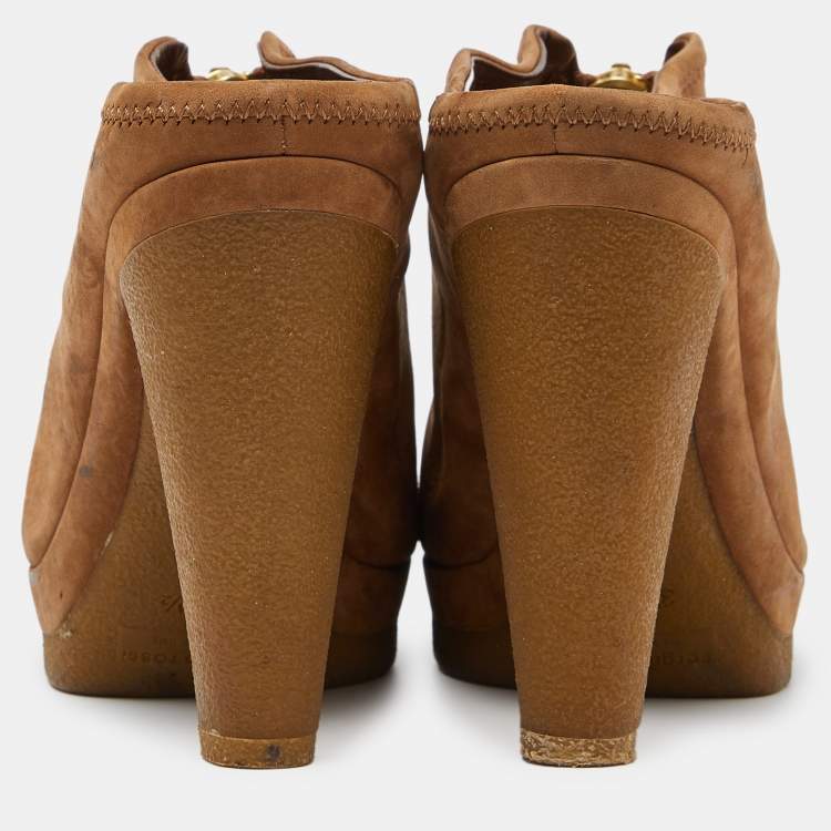 Pre Owned Sergio Rossi Brown Nubuck Leather Zip Platform Mules Size 38.5
