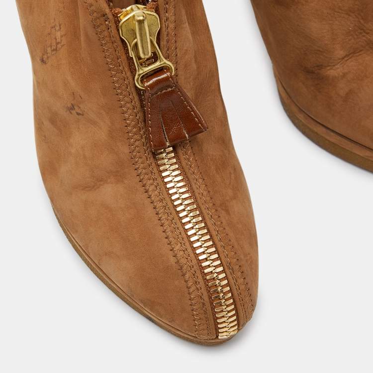 Pre Owned Sergio Rossi Brown Nubuck Leather Zip Platform Mules Size 38.5