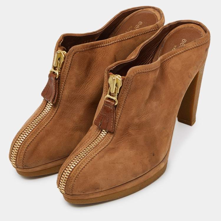 Pre Owned Sergio Rossi Brown Nubuck Leather Zip Platform Mules Size 38.5