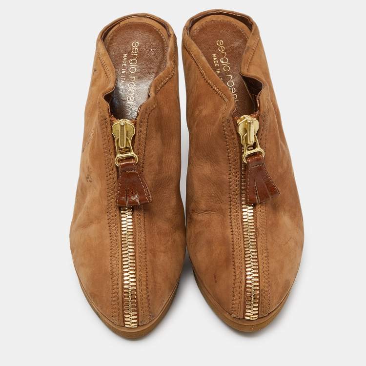 Pre Owned Sergio Rossi Brown Nubuck Leather Zip Platform Mules Size 38.5