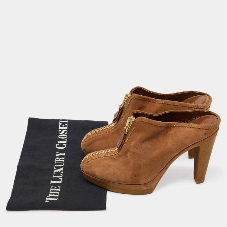 Pre Owned Sergio Rossi Brown Nubuck Leather Zip Platform Mules Size 38.5