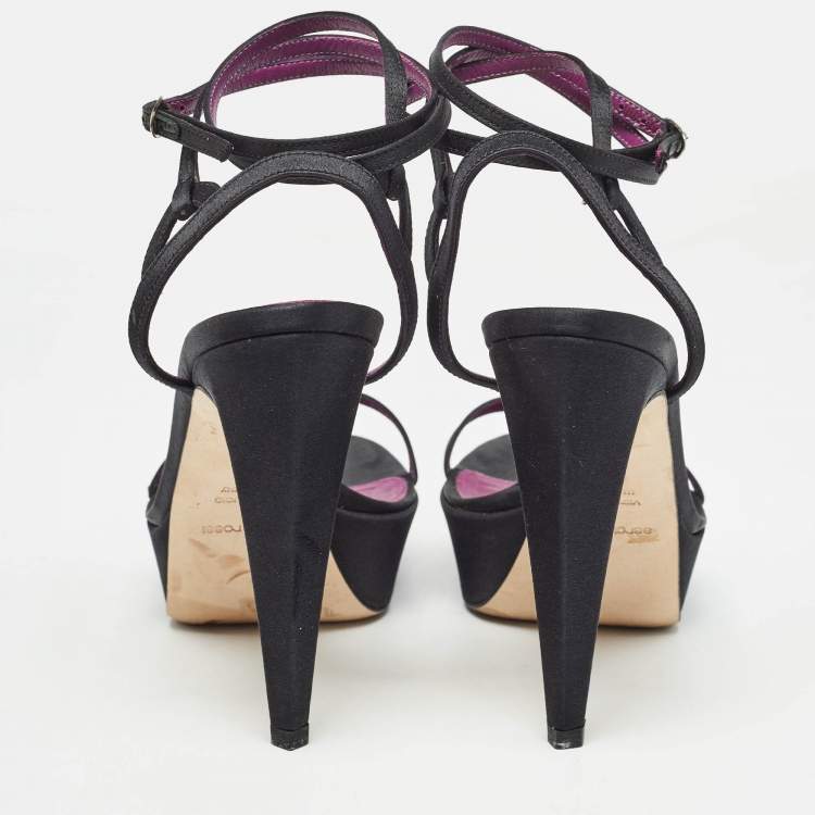 Pre Owned Sergio Rossi Black Satin Ankle Strap Platform Sandals Size 37.5