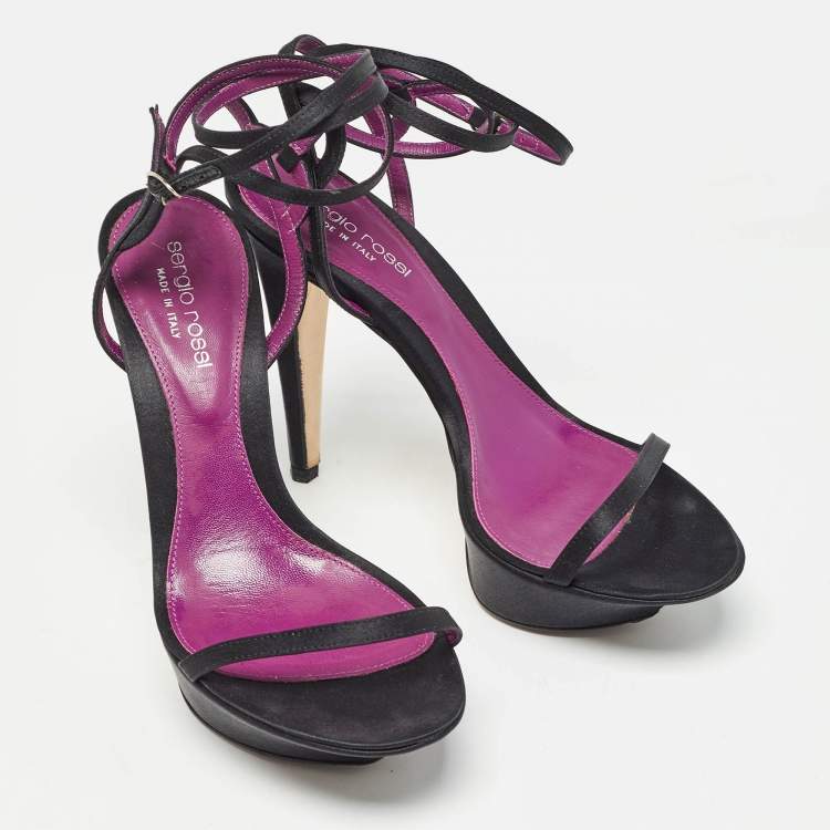 Pre Owned Sergio Rossi Black Satin Ankle Strap Platform Sandals Size 37.5