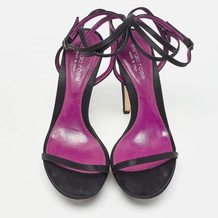 Pre Owned Sergio Rossi Black Satin Ankle Strap Platform Sandals Size 37.5