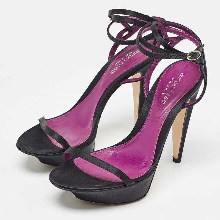 Pre Owned Sergio Rossi Black Satin Ankle Strap Platform Sandals Size 37.5