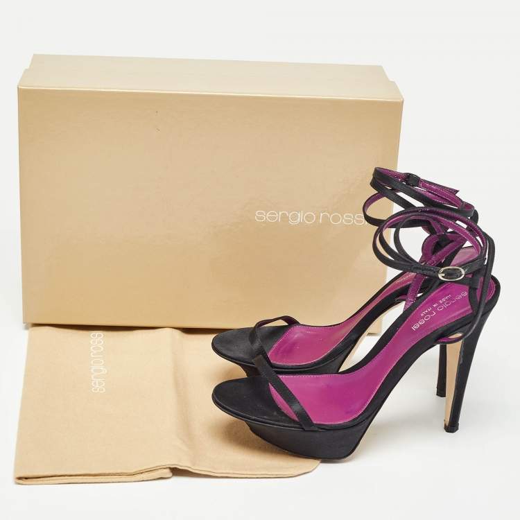 Pre Owned Sergio Rossi Black Satin Ankle Strap Platform Sandals Size 37.5