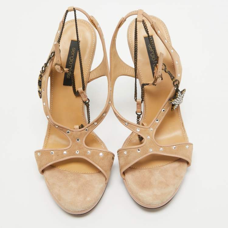 Pre Owned Sergio Rossi Beige Suede Embellished Ankle Strap Sandals Size 38