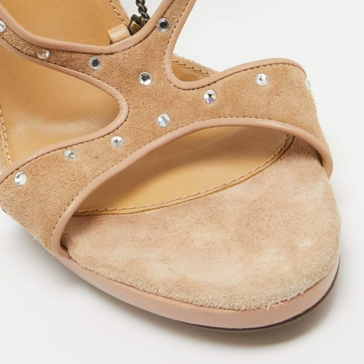Pre Owned Sergio Rossi Beige Suede Embellished Ankle Strap Sandals Size 38