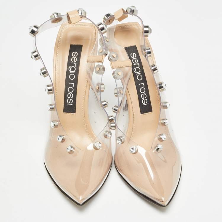 Pre Owned Sergio Rossi Beige/Transparent  PVC Crystal Embellished Slingback Pumps Size 38.5